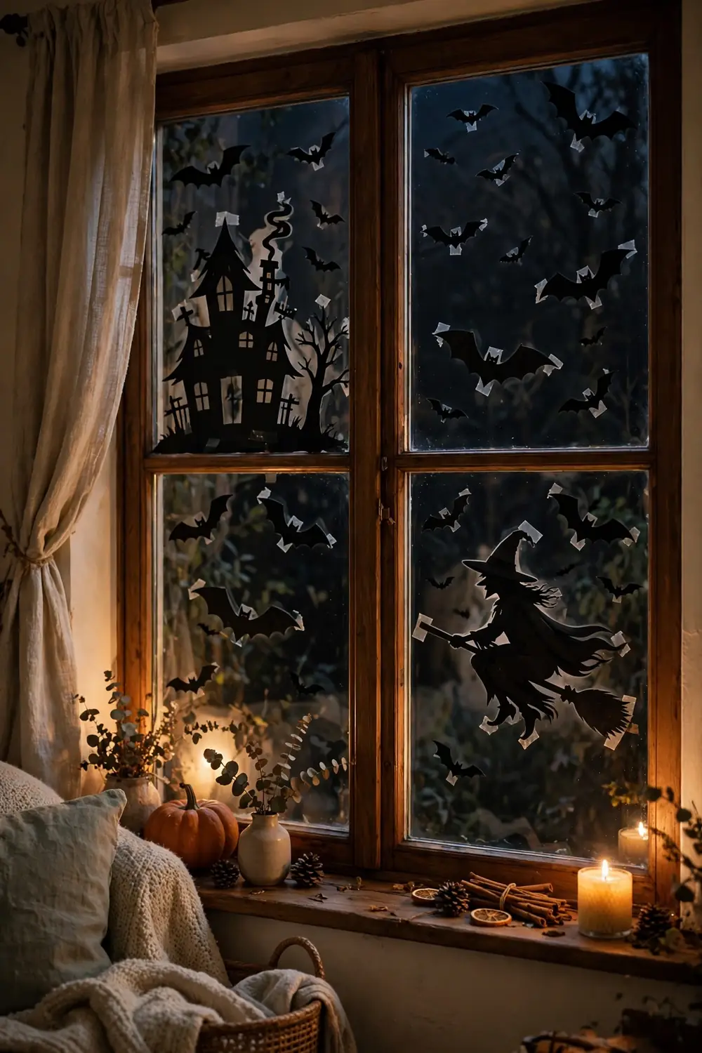 Eerie Window Silhouette Cutouts Eerie window silhouette cutouts halloween living room decor ideas glowing at night in a living room window
