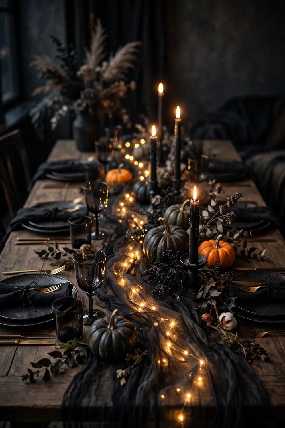 Fairy Lights Woven Under the Table Runner Warm fairy lights glowing softly under a sheer black runner on a Halloween dinner table, a cozy halloween table decor idea for evening ambiance