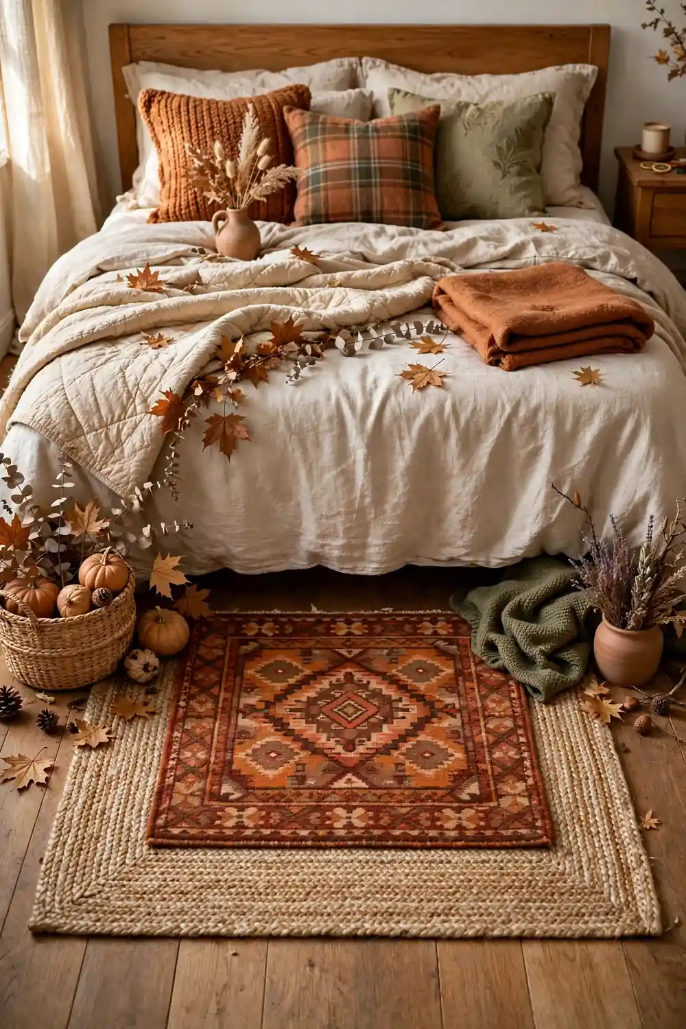 Layered Rugs Over the Wood Floor Fall bedroom decor with layered jute and patterned wool rugs at the foot of the bed