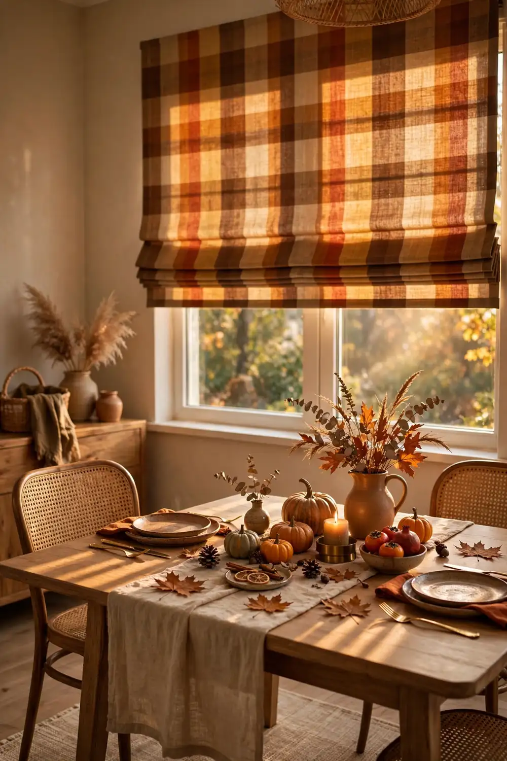 Plaid Roman Shades Cozy fall dining room with plaid Roman shades and golden light on a fall table setting