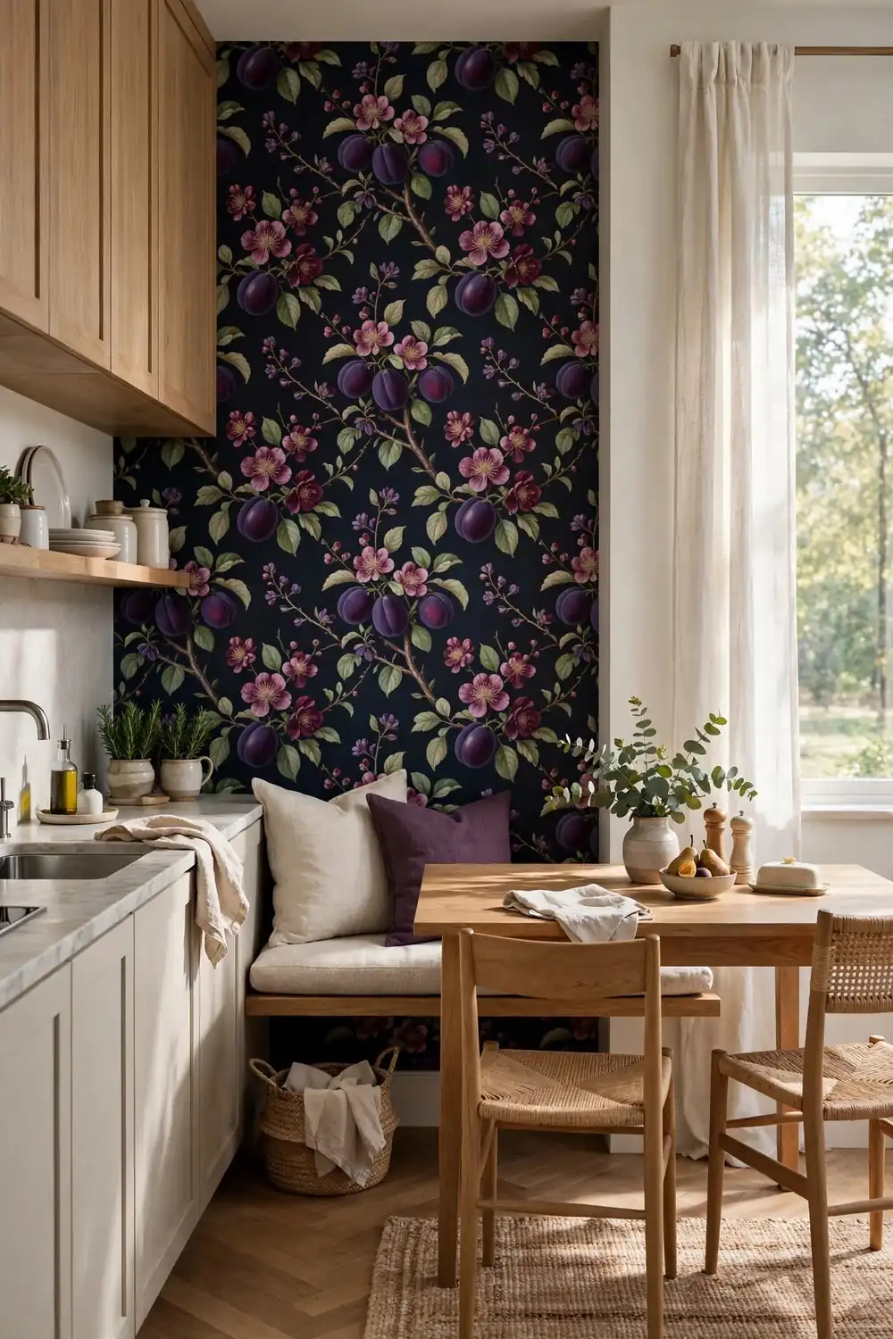 Kitchen nook with dark floral aubergine wallpaper accent wall