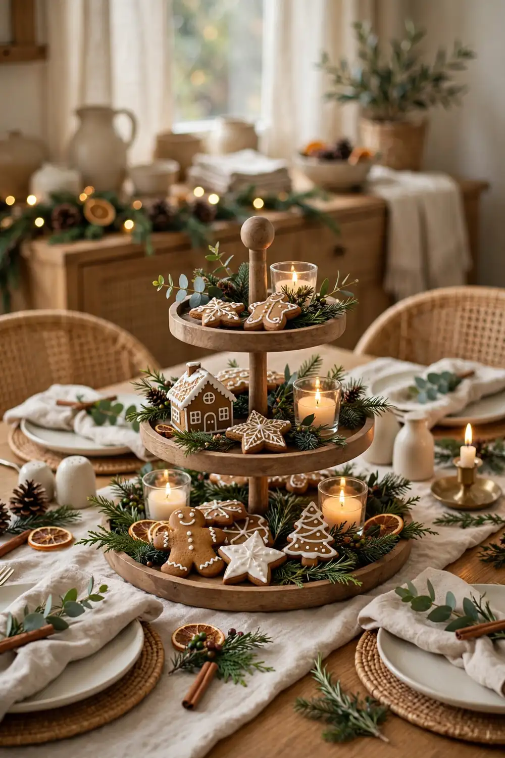 Gingerbread tiered tray centerpiece of cookies and greenery Gingerbread Christmas decor ideas with a tiered tray centerpiece of cookies and greenery