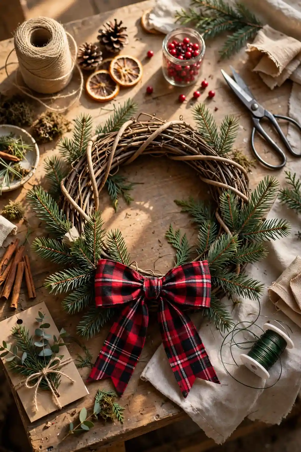 Natural grapevine christmas wreath ideas with pine sprigs and a plaid bow