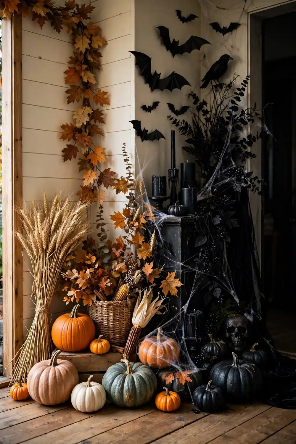 Harvest to haunted transition corner for halloween entryway decor ideas