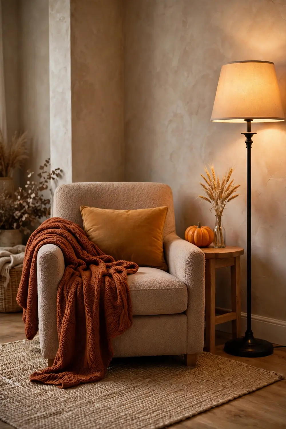 Harvest Reading Nook Cozy armchair reading nook with knit throw and harvest accents, a charming thanksgiving living room decor idea