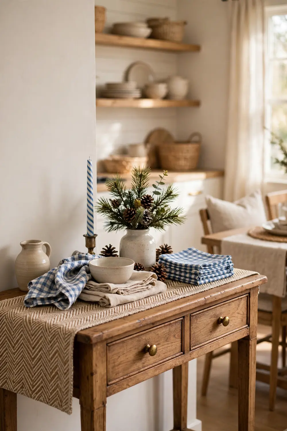 Pattern play console vignette mixing herringbone runner and gingham Christmas decor napkins