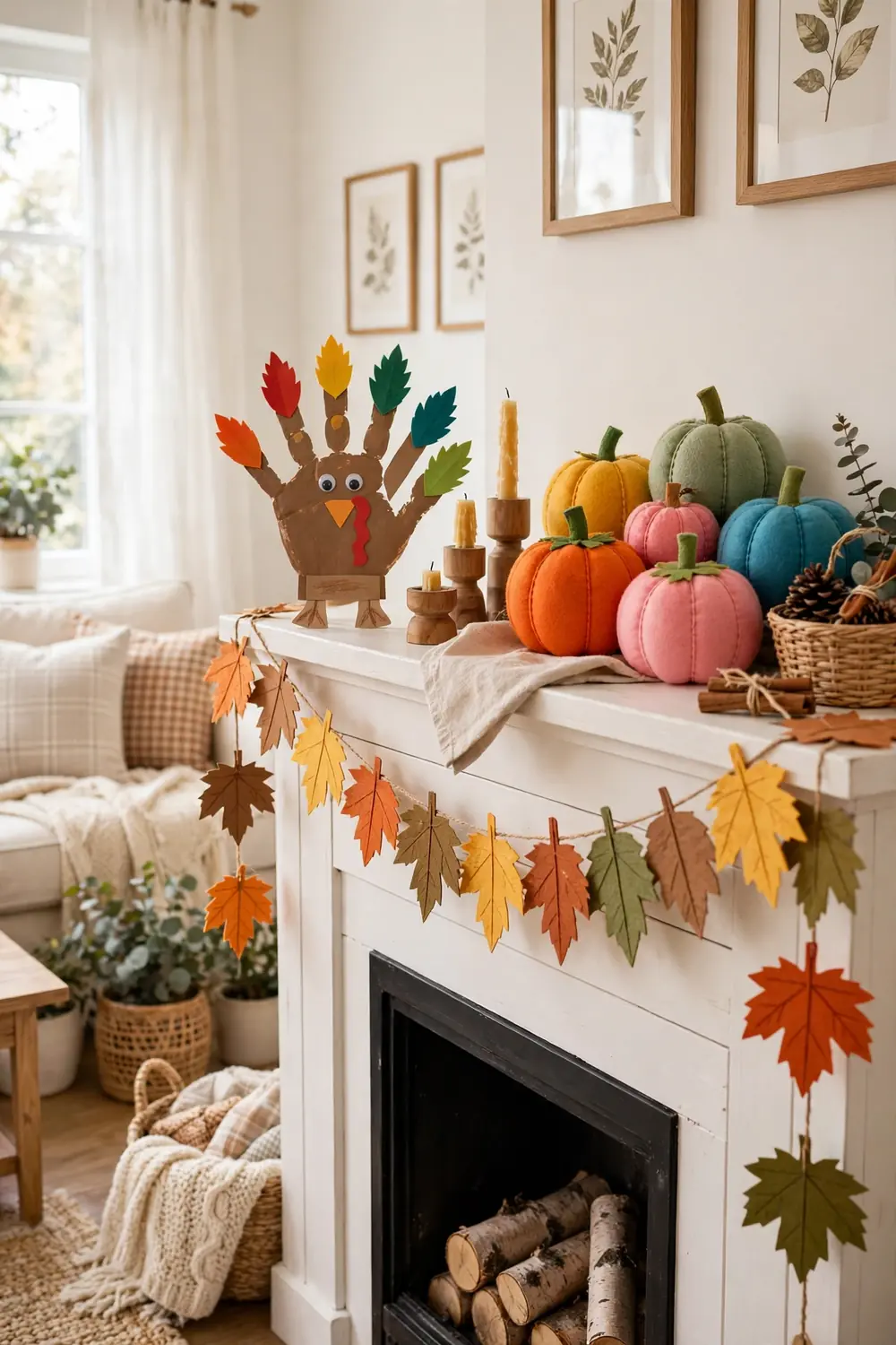 Thanksgiving mantel decor ideas for families with paper leaf garland, handprint turkey craft, and felt pumpkins