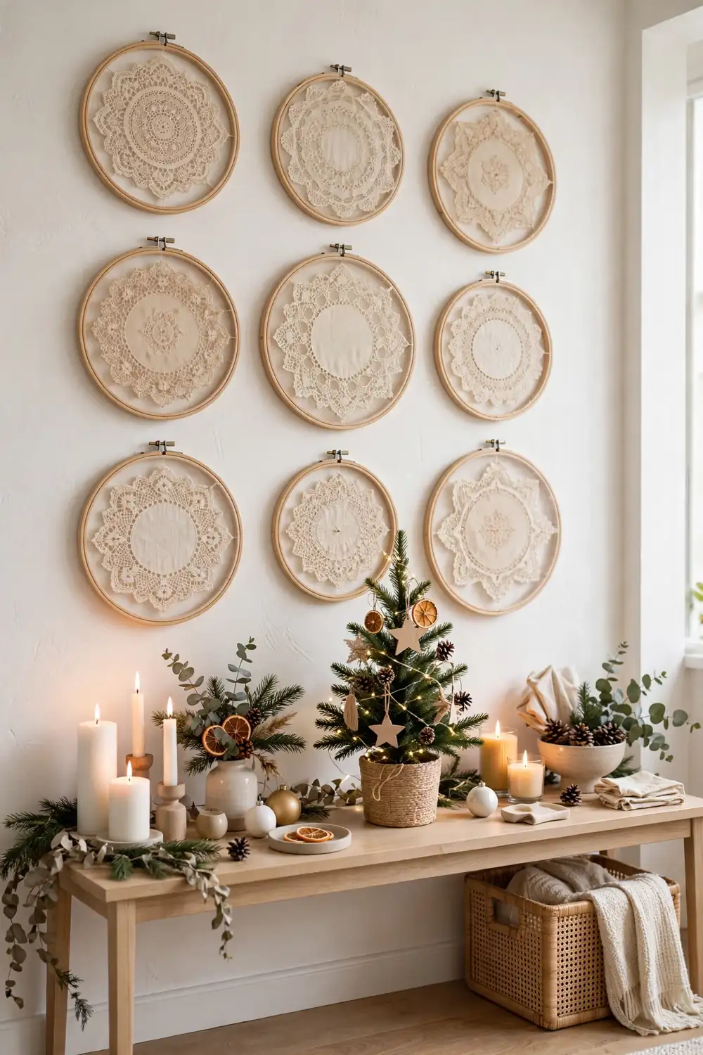 Vintage lace doilies framed in embroidery hoops as Christmas wall art