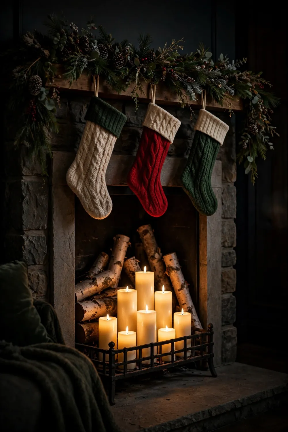 LED pillar candles glowing inside a fireplace, a clever christmas candle decor idea without a real fire