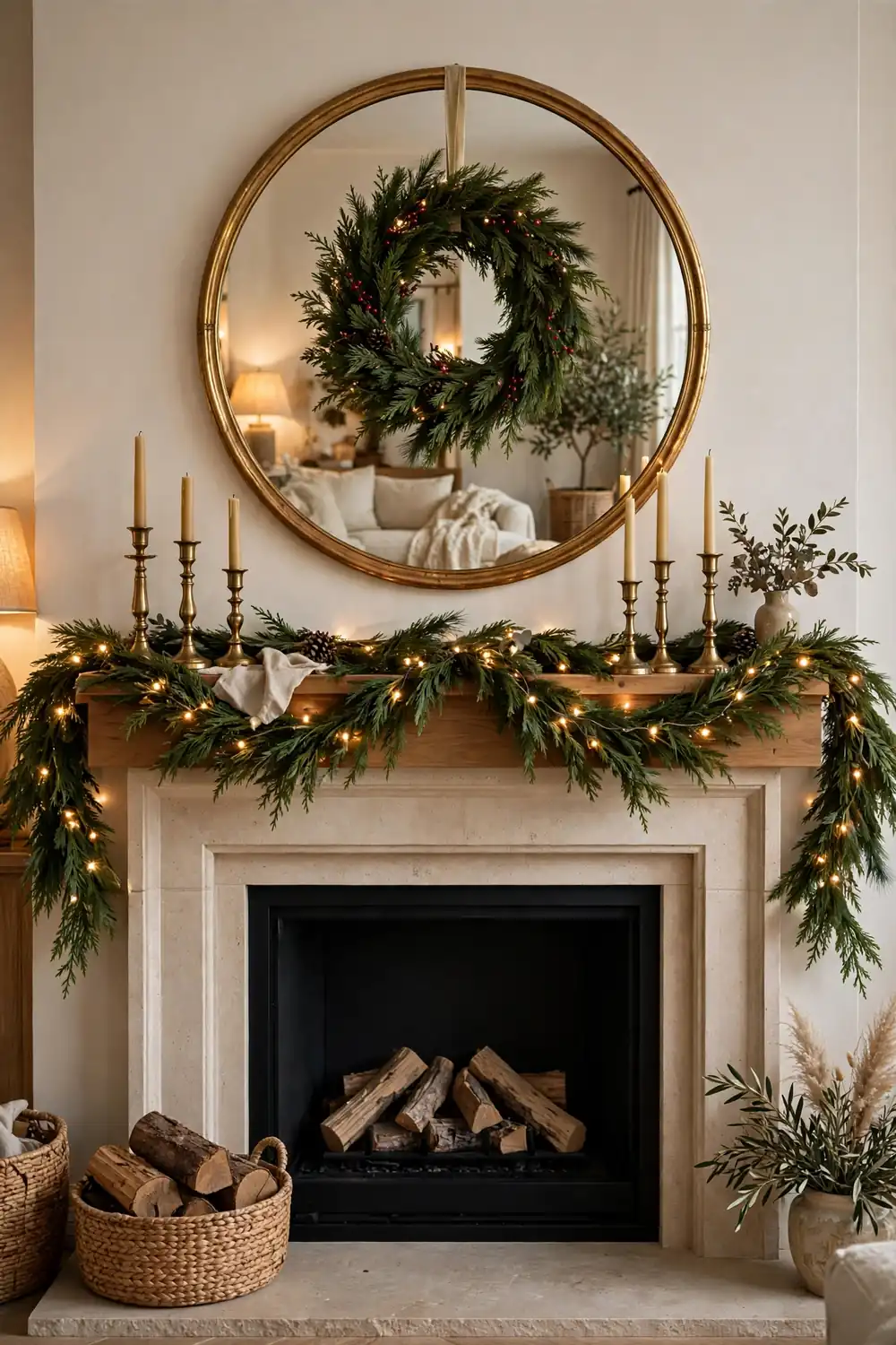 Christmas mantel decor idea with a mirror and wreath moment Wreath hung on a mirror above the mantel with garland framing, an elegant christmas mantel decor idea