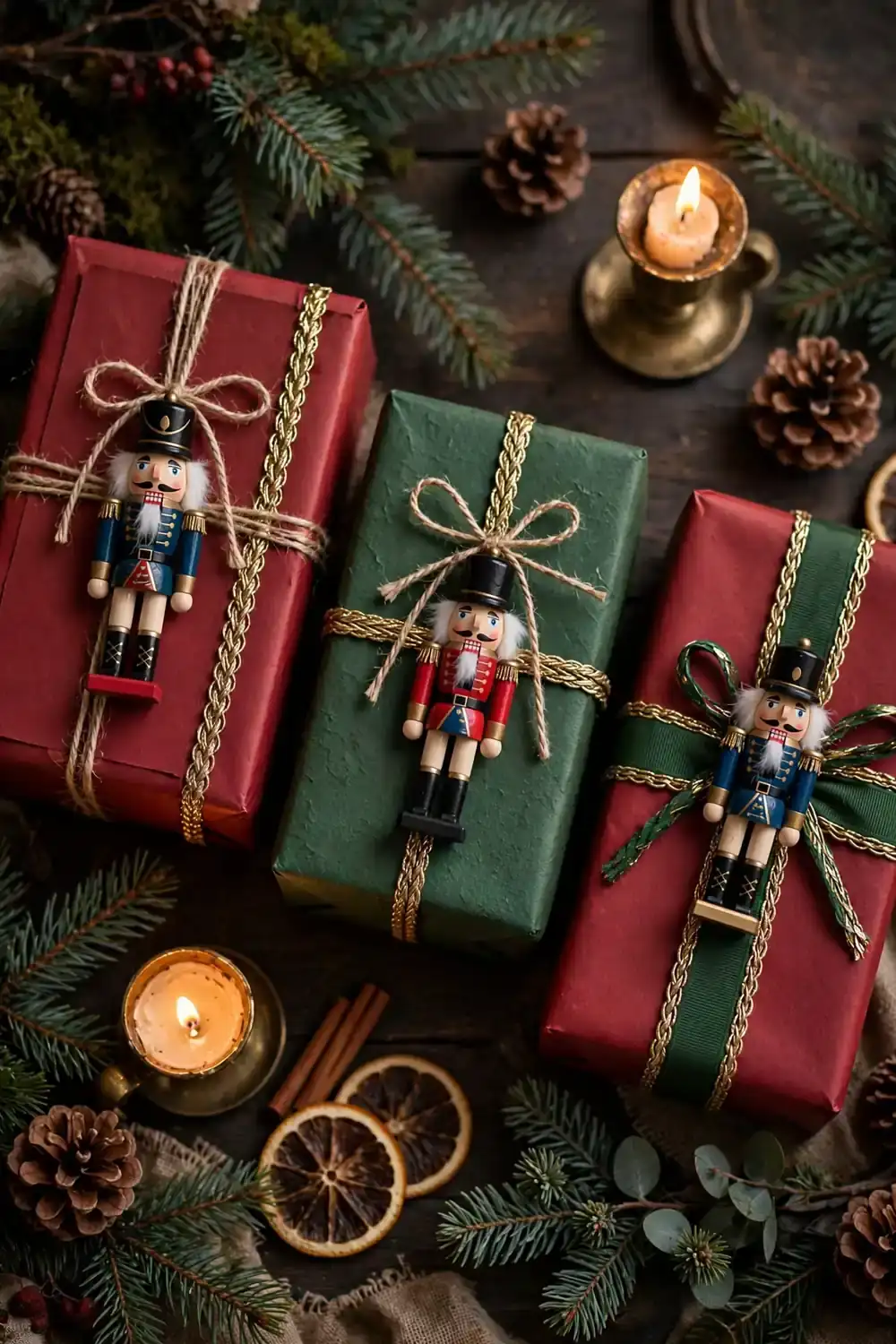 Wrapped gifts with mini nutcracker figures as package toppers, a charming christmas wrapping station idea