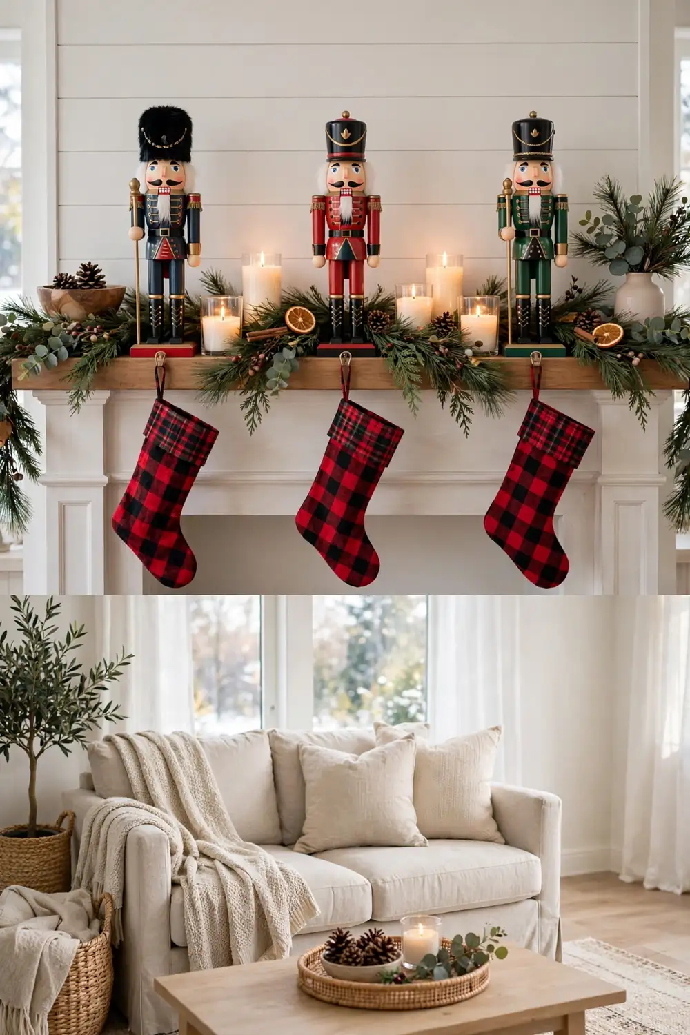 Nutcracker Stocking Holders Nutcracker soldier stocking holders on a decorated mantel