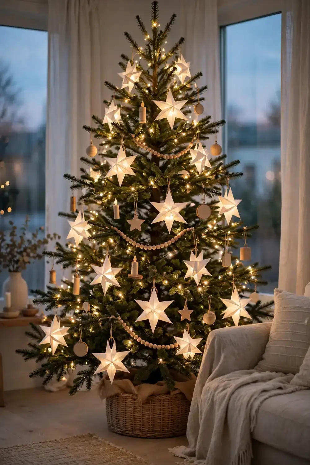 Christmas tree with paper stars and warm string lights, a scandinavian christmas tree decor idea