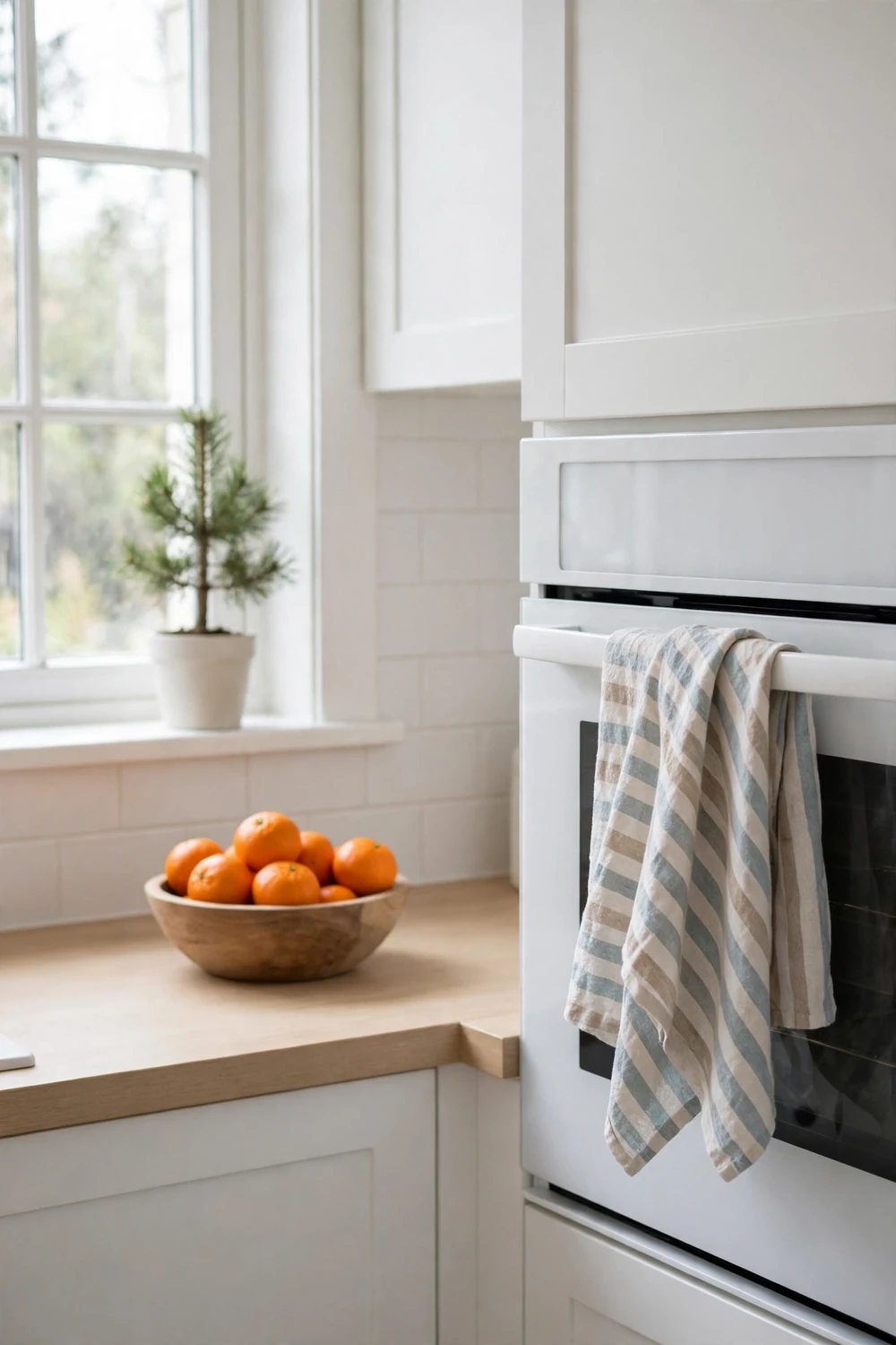 Minimalist Christmas decor ideas: a clean white kitchen corner with a single small potted pine and a linen towel on the oven handle