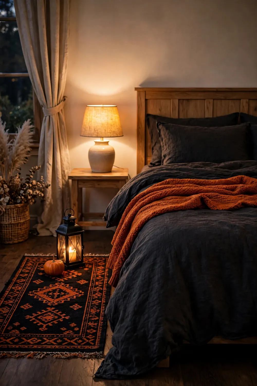 Halloween rug and lantern beside the bed Spooky seasonal rug beside a Halloween bed, a finishing halloween bedroom decor idea