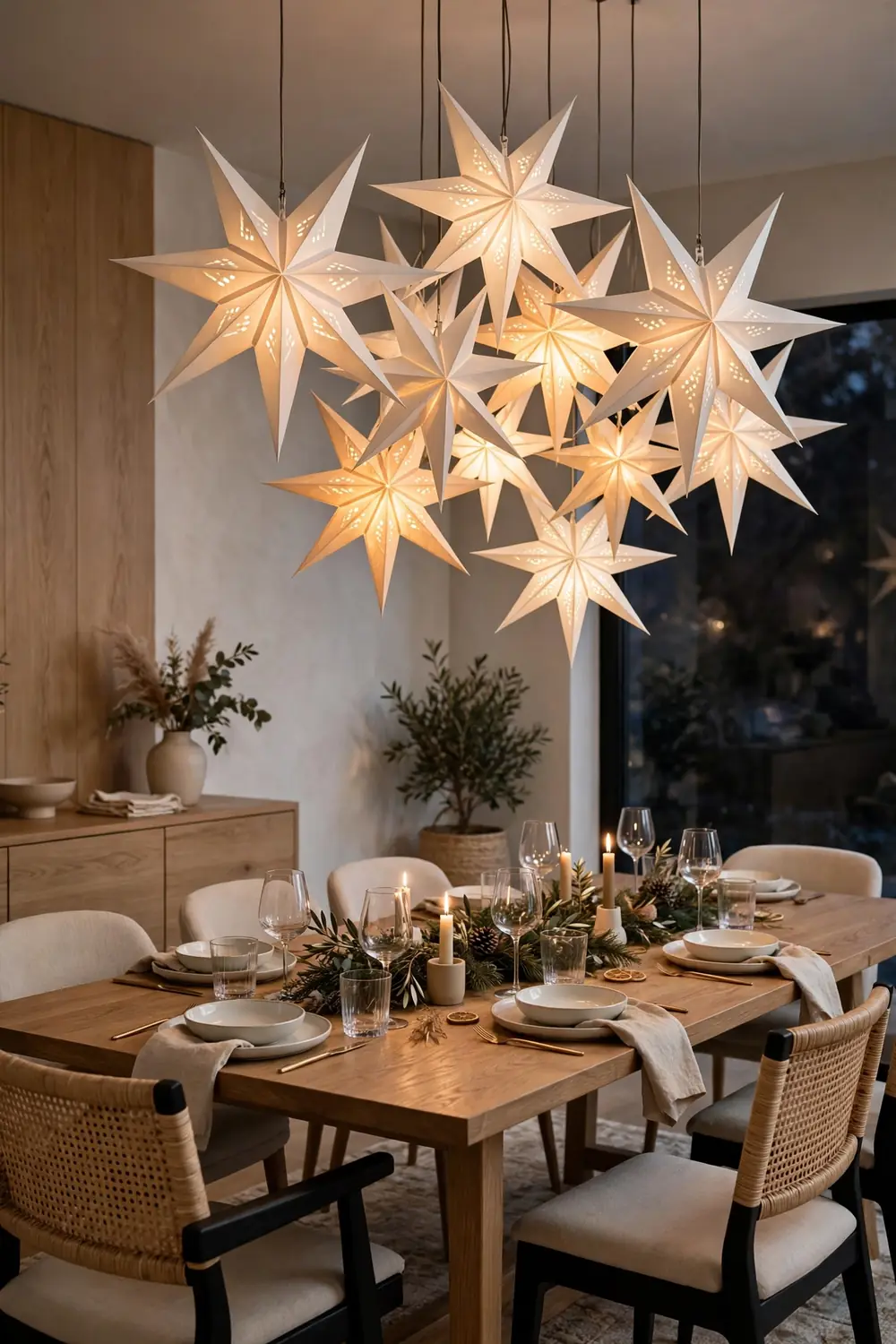 Paper Star Lantern Chandelier Cluster of white paper star lanterns hanging above a dining table like a chandelier — star motif Christmas decor