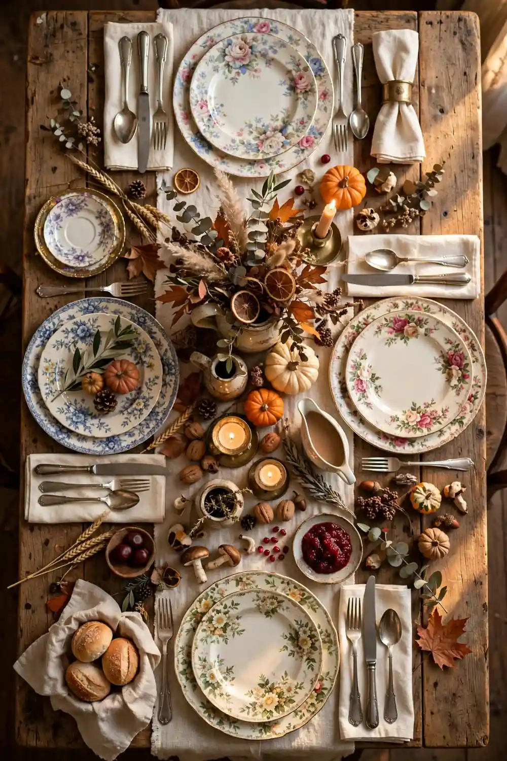 Thanksgiving table with mismatched vintage china place settings