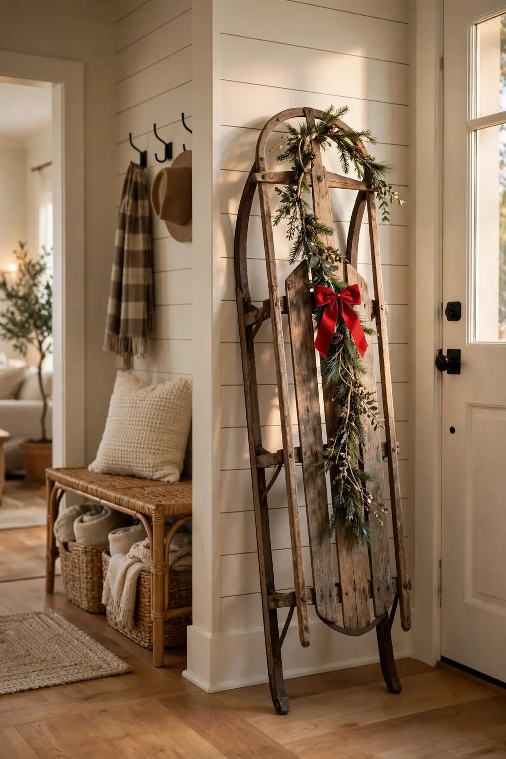 Vintage wooden sled with mini garland and red bow Vintage wooden sled with mini garland and red bow in the entryway, nostalgic christmas entryway decor ideas