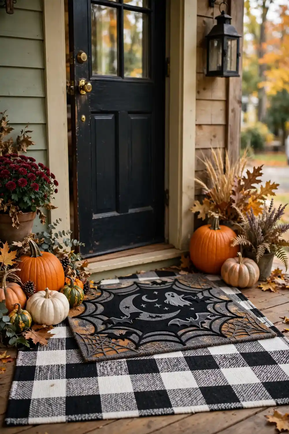 Layered Halloween Welcome Mat Halloween porch decor with a layered Halloween welcome mat over a buffalo check rug