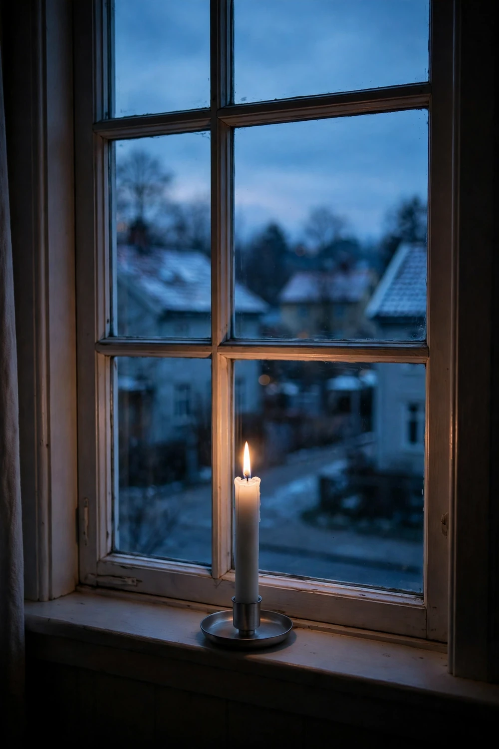 Single white candle glowing in a window White candle glowing in a dark window, the Scandinavian one candle per window tradition