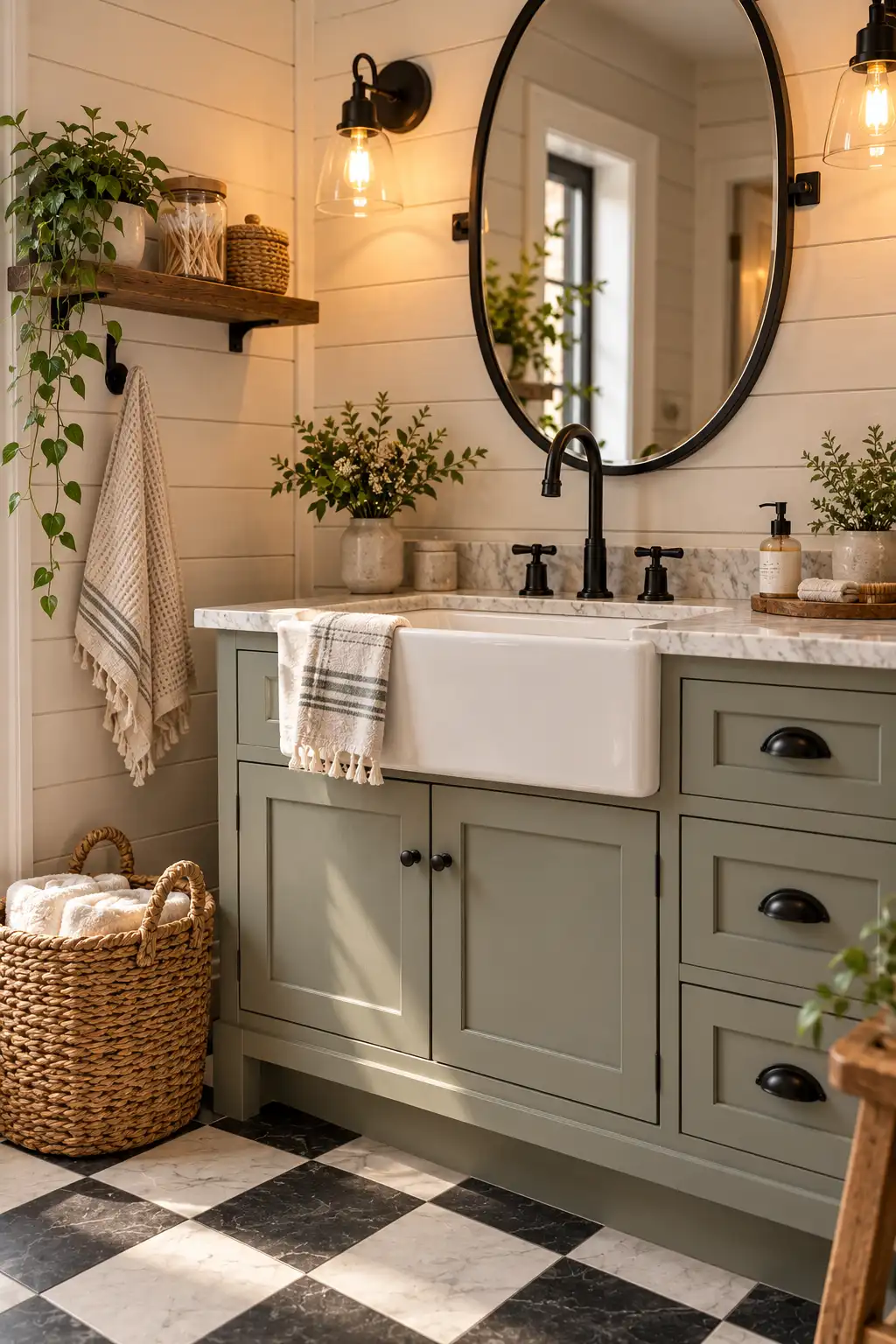 Modern farmhouse bathroom with white shiplap walls, shaker-style vanity, black hardware, vintage mirror, and woven storage baskets.