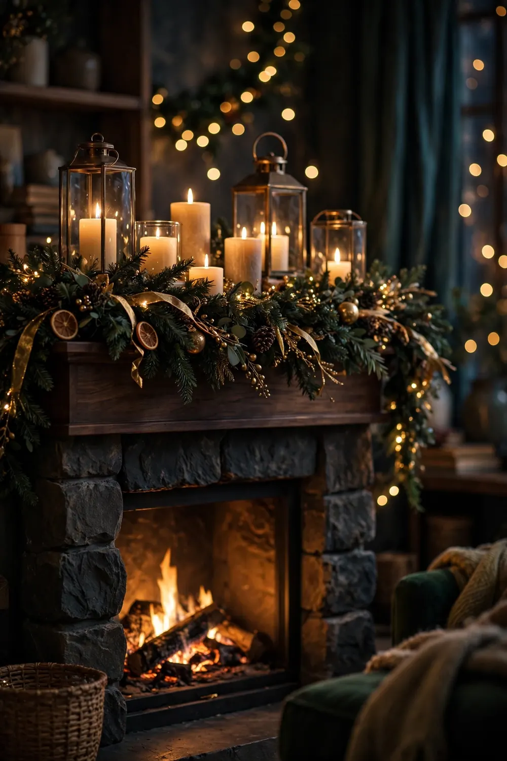 Christmas mantel decor idea with layered candlelight Candlelight layering with pillar candles and lanterns, a warm christmas mantel decor idea
