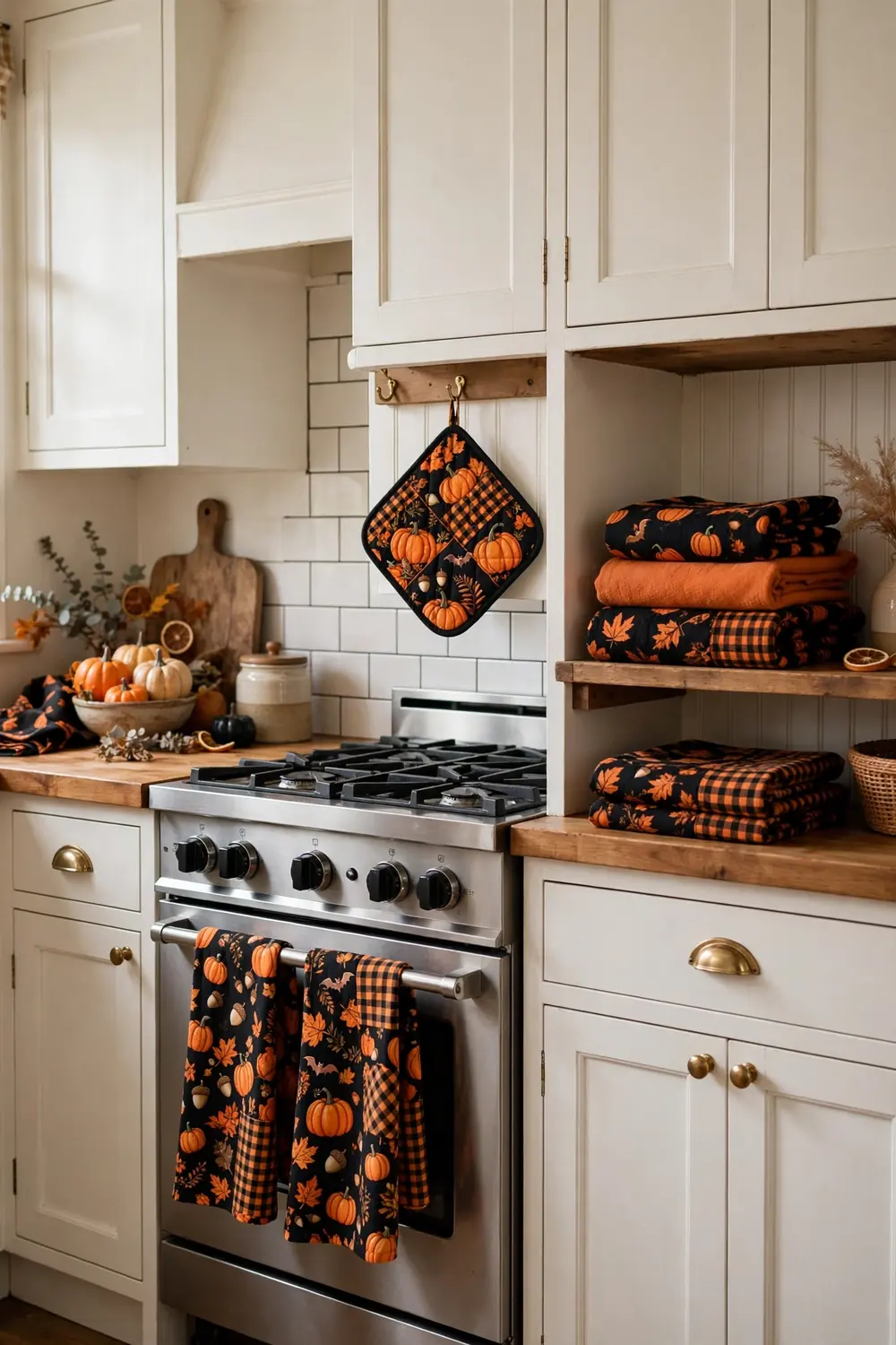 Seasonal Halloween dish towels and pot holders Halloween dish towels and pot holders in black and orange patterns hung in a kitchen