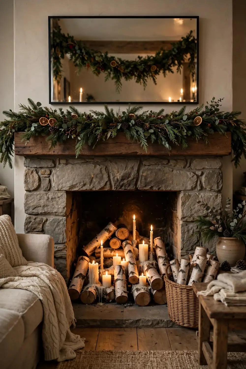Fireplace staged with birch logs and candles for Christmas