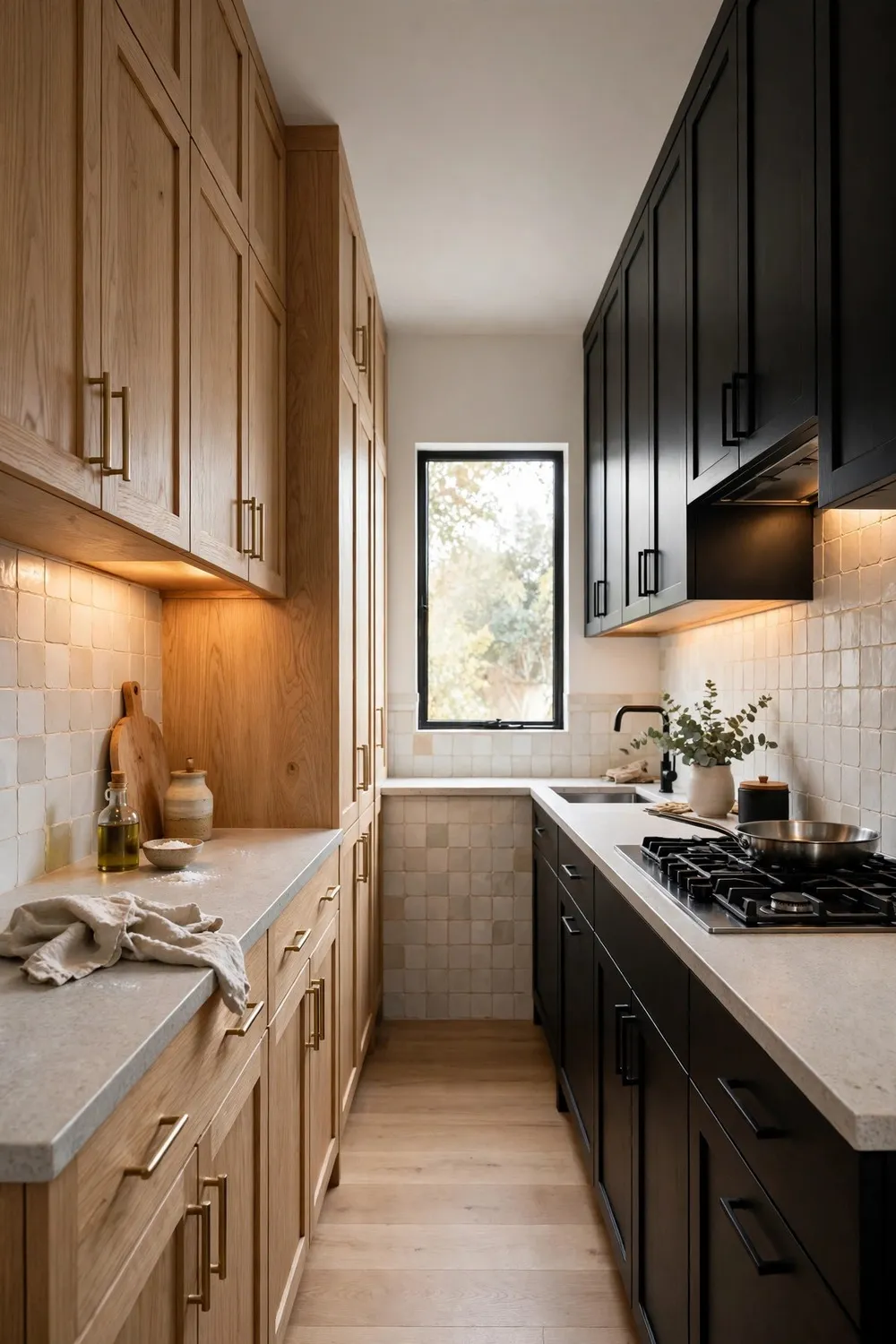 Small white oak and black kitchen ideas for galley layout