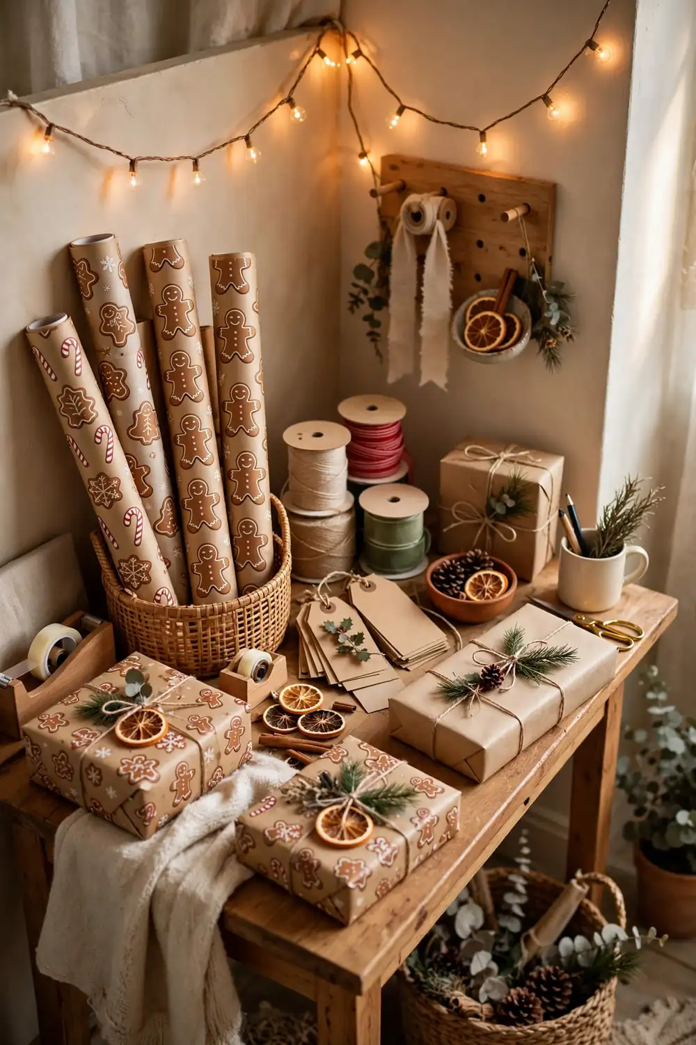 Gingerbread gift wrap and tag station Gingerbread Christmas decor ideas with a gift wrap station in gingerbread patterned paper