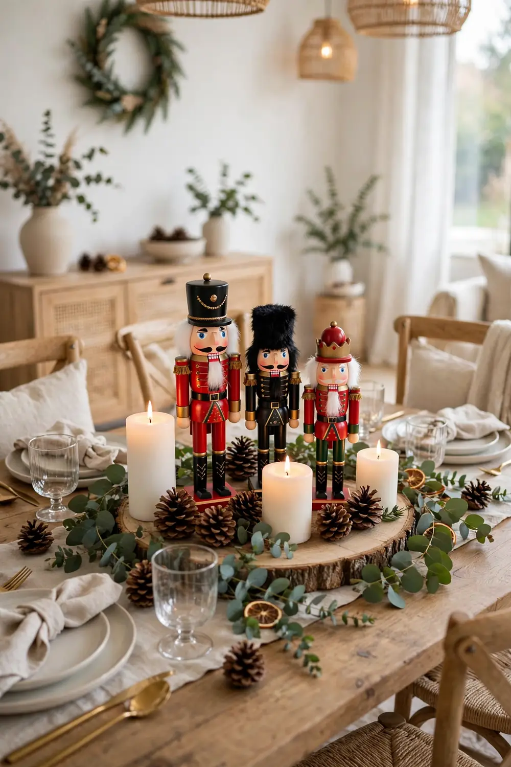 Nutcracker Pinecone Centerpiece Nutcracker centerpiece with pinecones and pillar candles