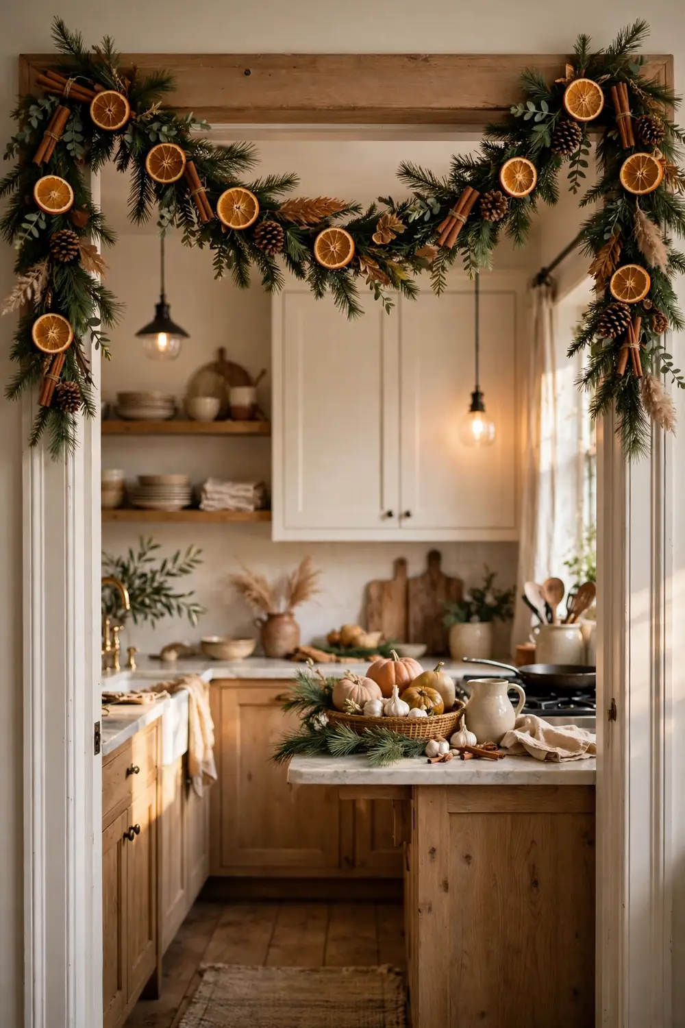 Dried orange and cinnamon stick garland draped across a kitchen doorway, a fragrant christmas kitchen decor idea