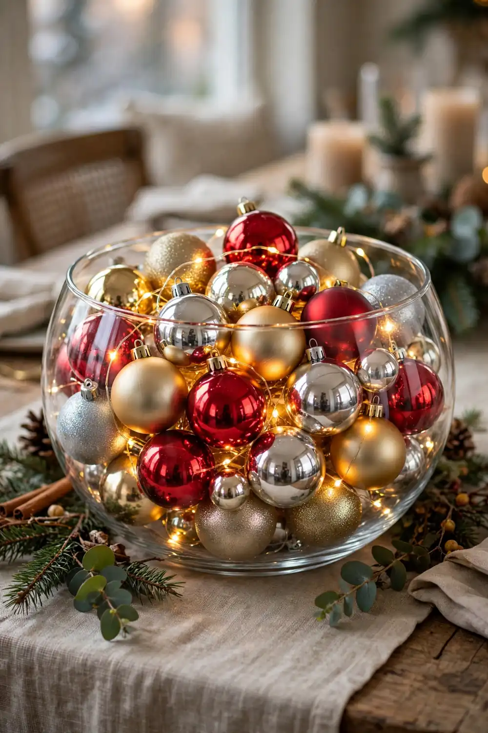 Ornament Filled Glass Bowl Christmas Centerpiece Ornament filled glass bowl centerpiece, a sparkling christmas centerpiece idea for a quick holiday table
