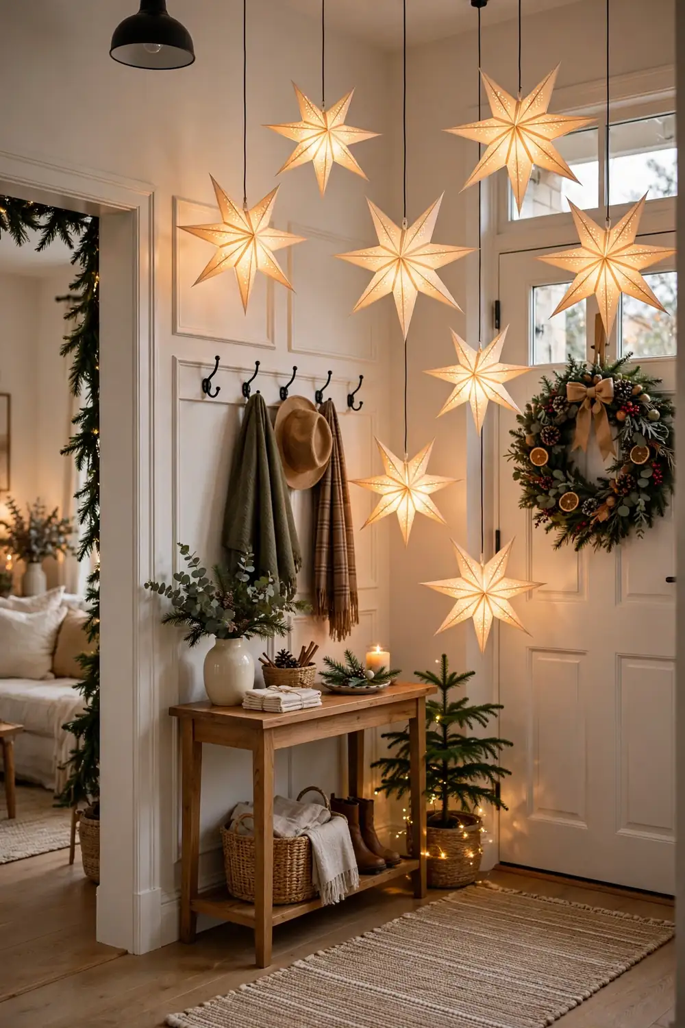 Paper star lanterns glowing at varied heights in the foyer Glowing paper star lanterns hung at varied heights in the foyer, magical christmas entryway decor ideas