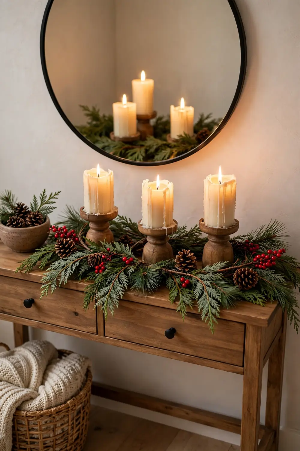 Pillar candles with pinecones and evergreen on a console, a welcoming christmas candle decor idea for the entryway