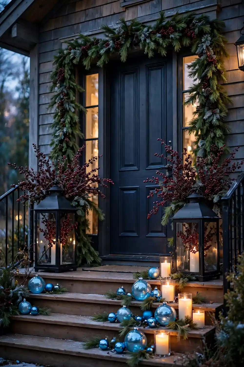 Burgundy and sky blue Christmas porch lanterns Porch lanterns filled with burgundy berries and sky blue ornaments on steps