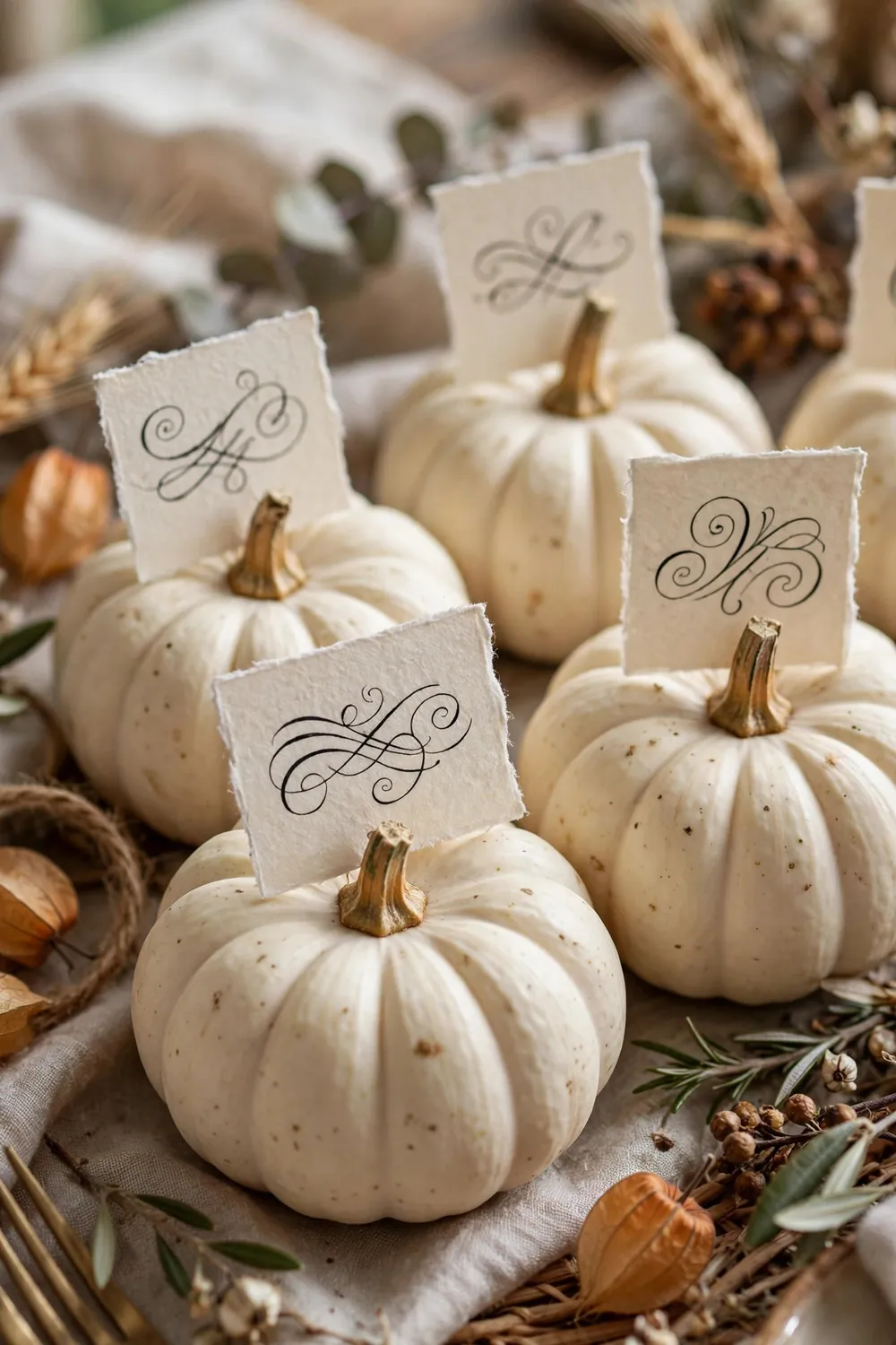 Mini white pumpkins used as Thanksgiving place card holders