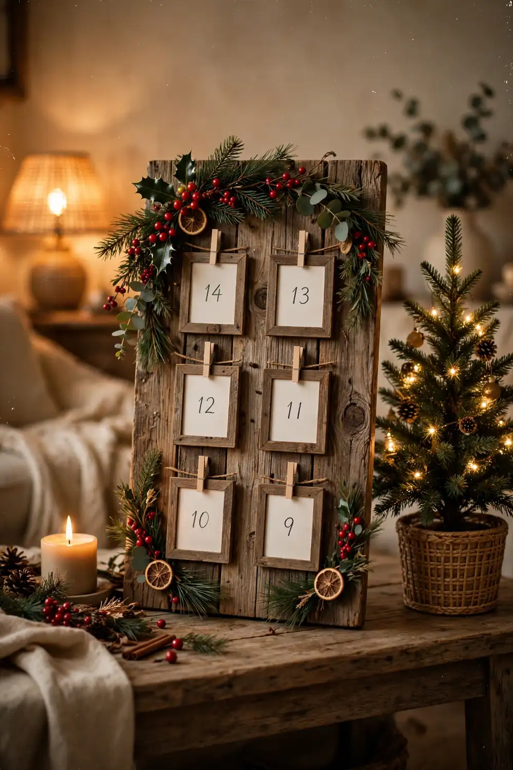 Retro photo inspired Christmas decor: wooden countdown board with framed daily photo cards for Christmas