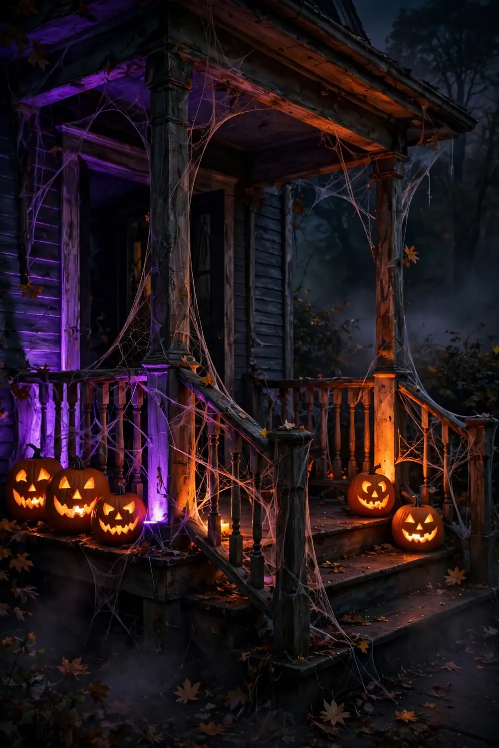 Spooky Up Lighting After Dark Halloween porch decor with dramatic orange and purple uplighting on a spooky front porch at night