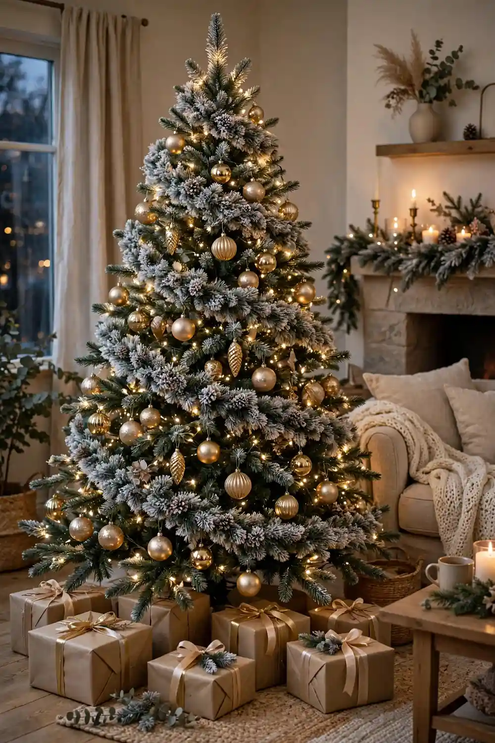 Frosted pine christmas garland decor ideas woven in a spiral through a decorated christmas tree