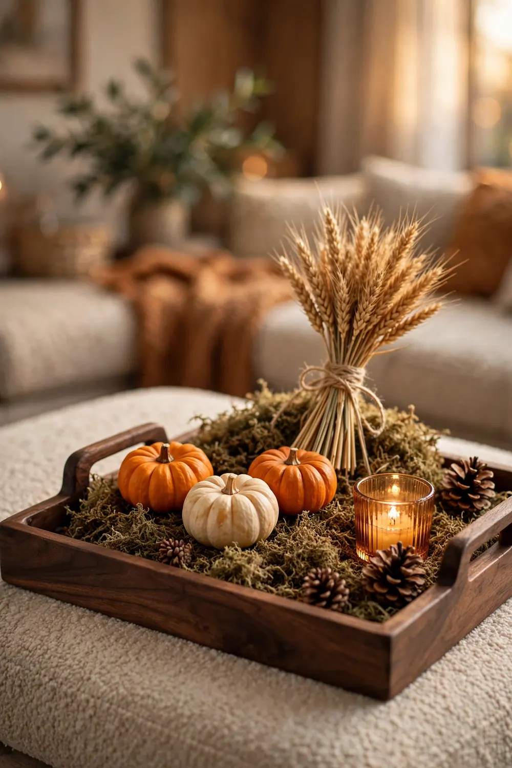 Wood Tray With Dried Florals Wooden tray styled with mini pumpkins, dried wheat and an amber votive, a simple thanksgiving living room decor idea