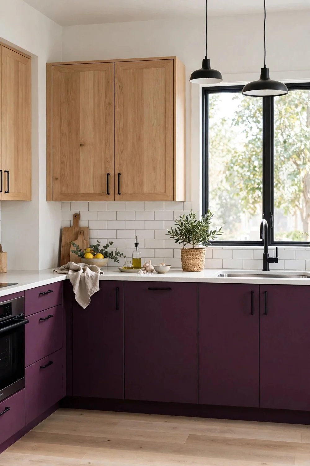 Kitchen with aubergine base cabinets and natural wood uppers