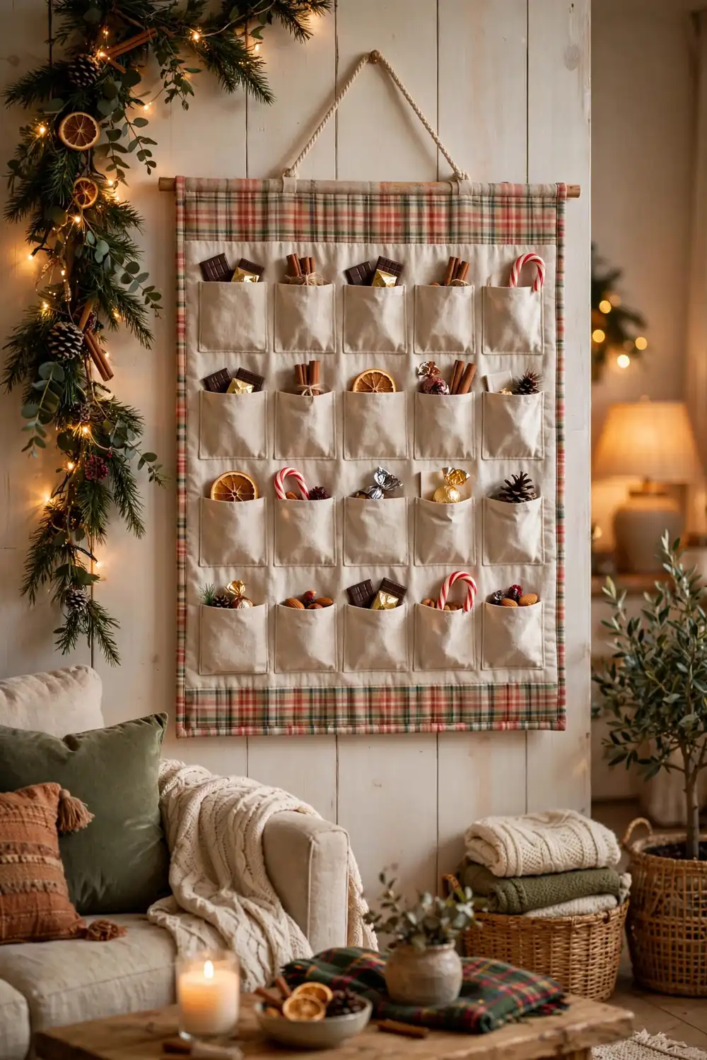 Fabric advent calendar hung as Christmas wall art