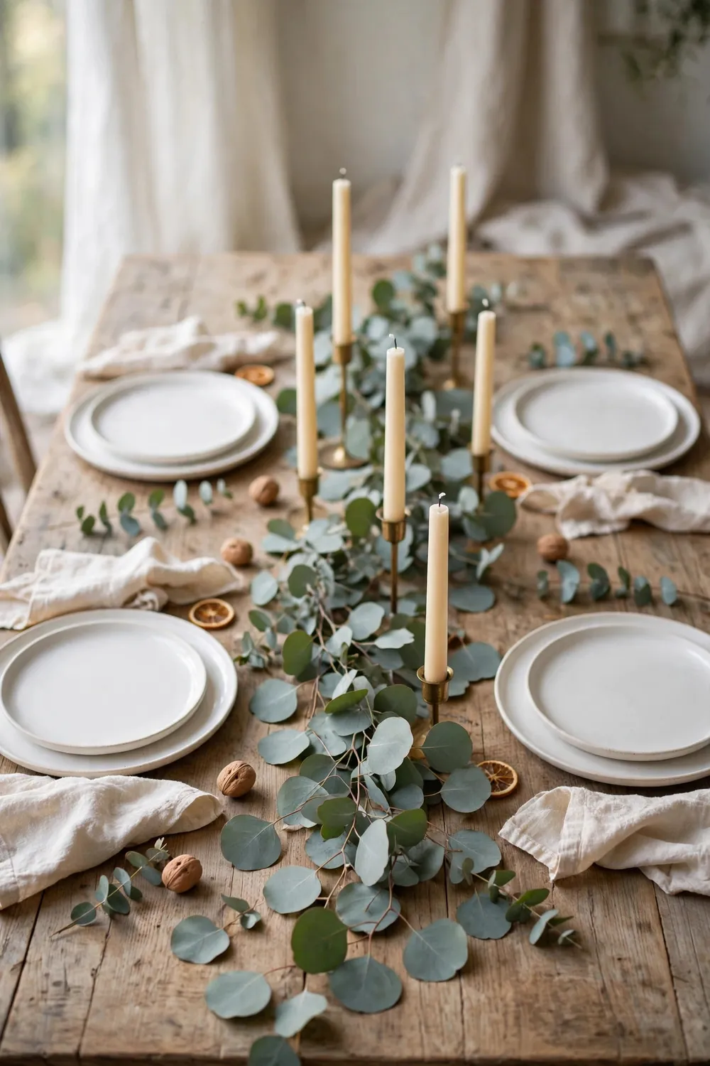 Simple Thanksgiving table with eucalyptus runner and cream candles