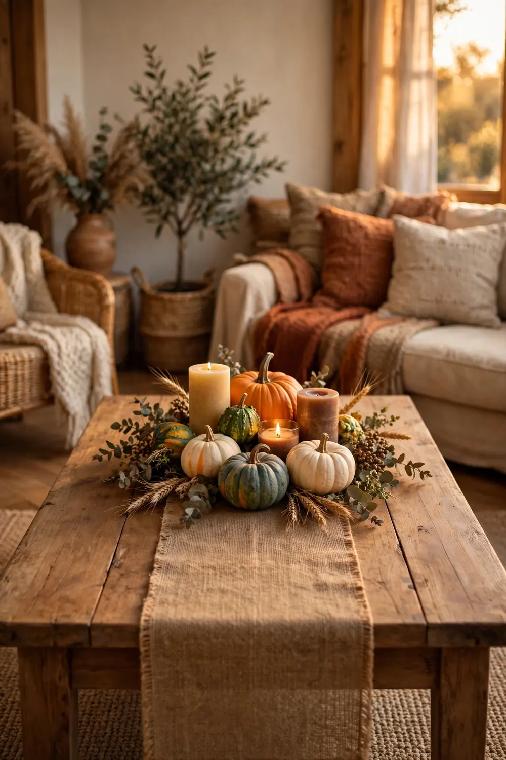 Harvest Runner on the Coffee Table Burlap harvest runner under a pumpkin and candle centerpiece on a coffee table, a pretty thanksgiving living room decor idea