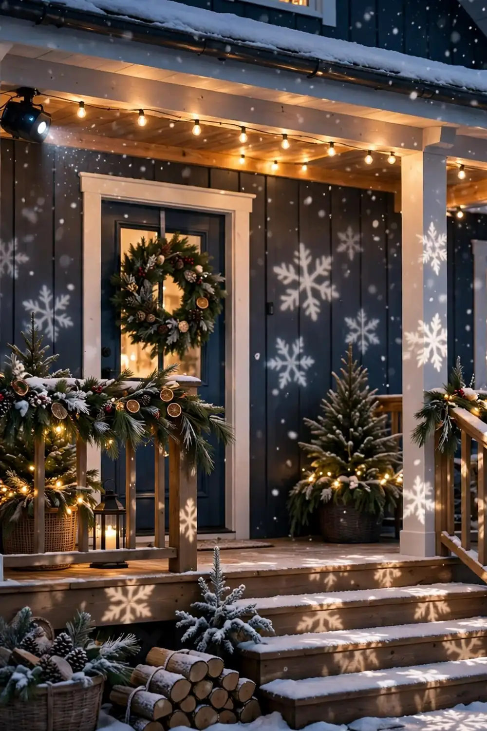 Light projector casting snowfall on a christmas porch Snowfall light projector effect on a christmas porch, a dramatic christmas porch decor idea for a winter wonderland look