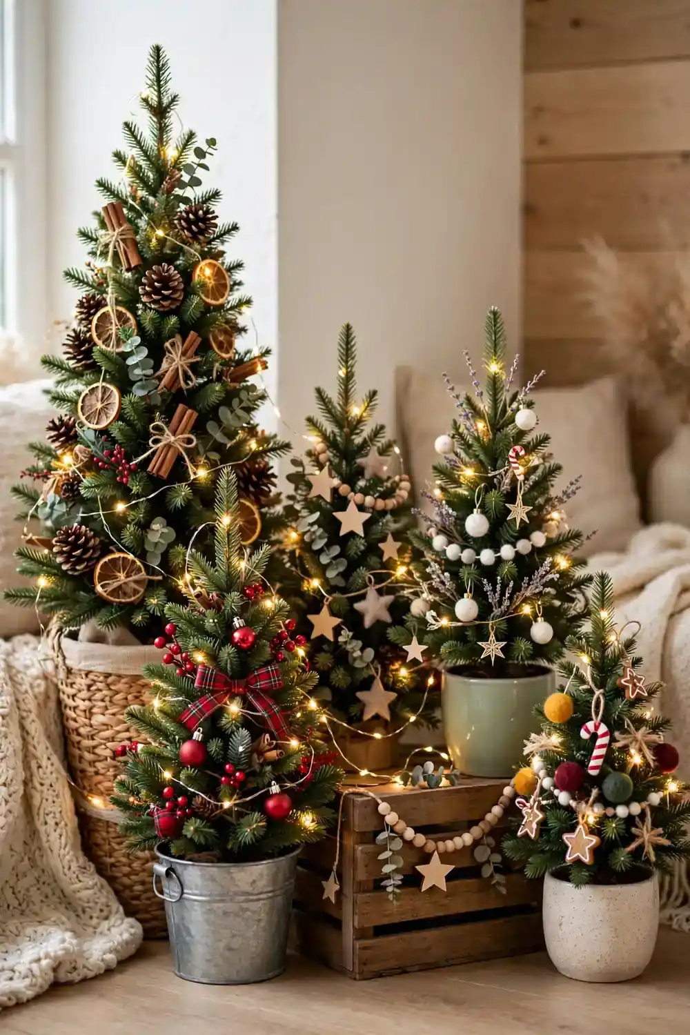 Cluster of mini christmas trees in different styles on a console, a festive christmas tree decor idea for small displays