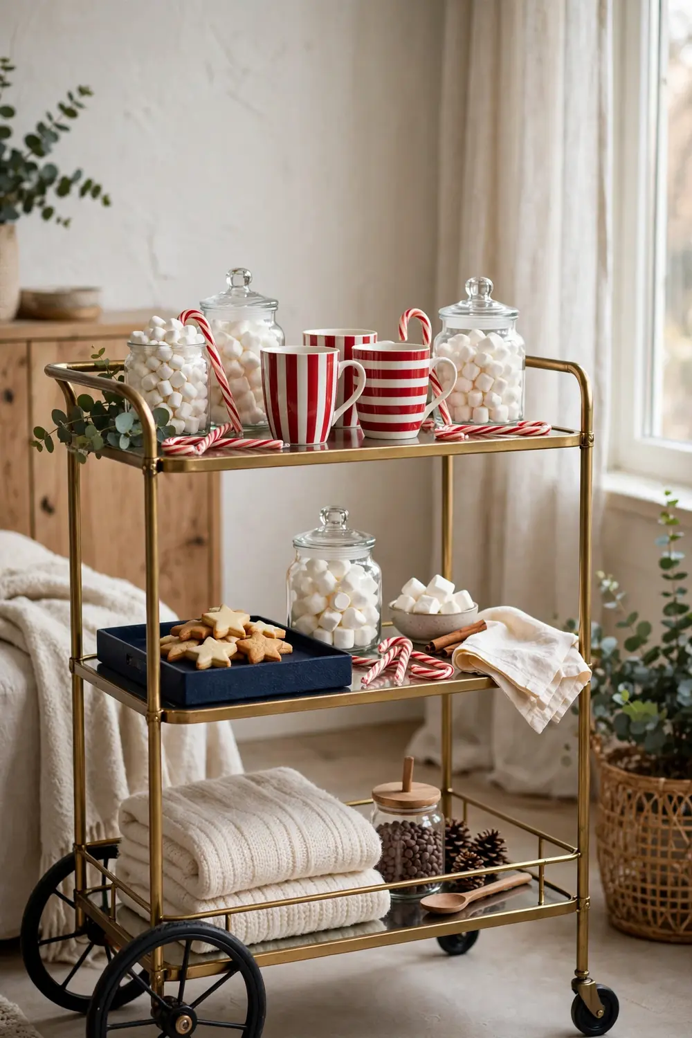 Patriotic Cocoa Bar Cart Patriotic cocoa bar cart with striped mugs as Americana Christmas decor