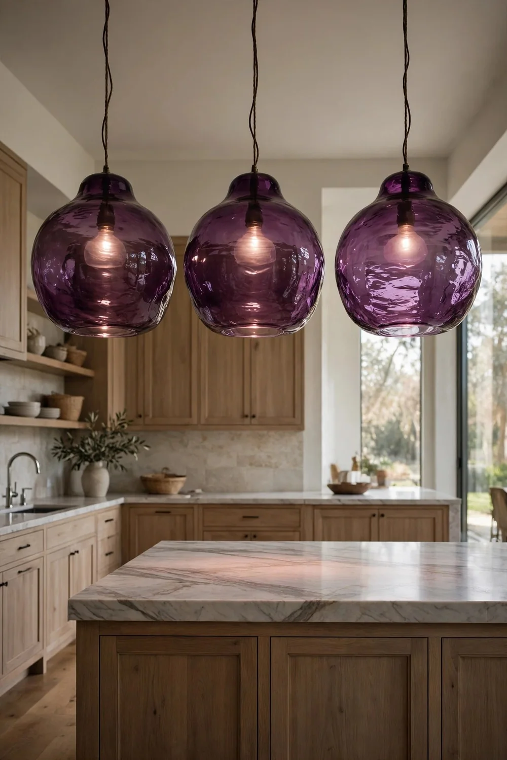 Oversized plum glass pendant lights over kitchen island
