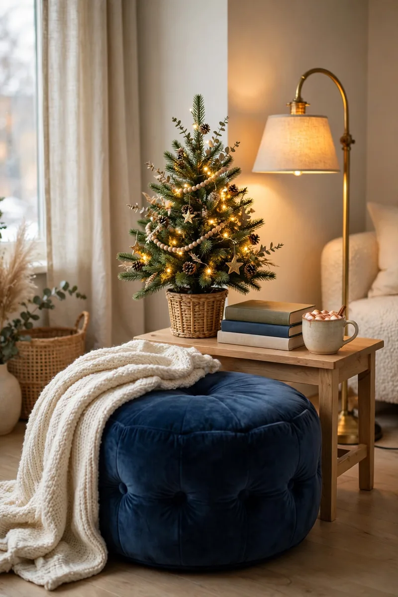Velvet Christmas decor: navy velvet pouf in a cozy Christmas reading corner